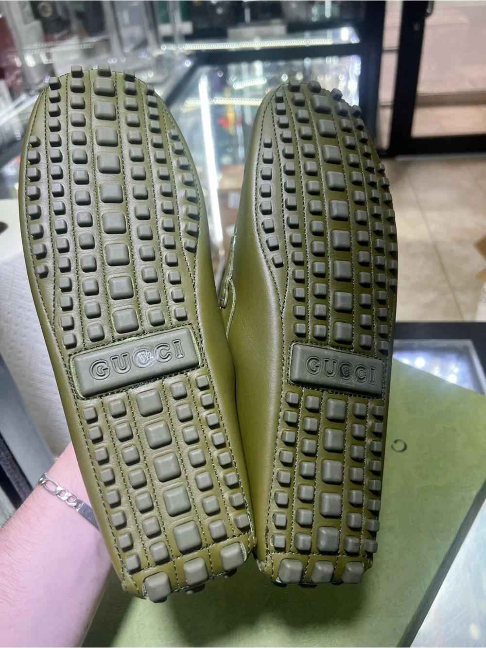 Gucci Olive Green Leather Moccasins with Interlocking G 8.5 Gucci/9.5 US